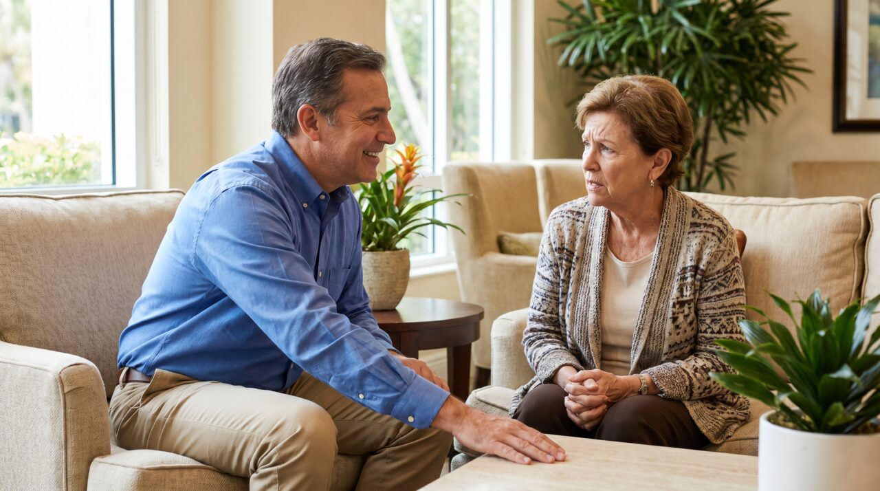 Dentist talking warmly with an anxious older patient during a judgment-free consultation in Tamarac