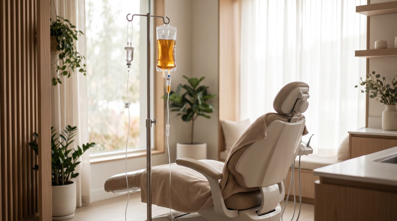 IV vitamin wellness therapy drip beside a comfortable dental spa chair for anxious patients in Tamarac