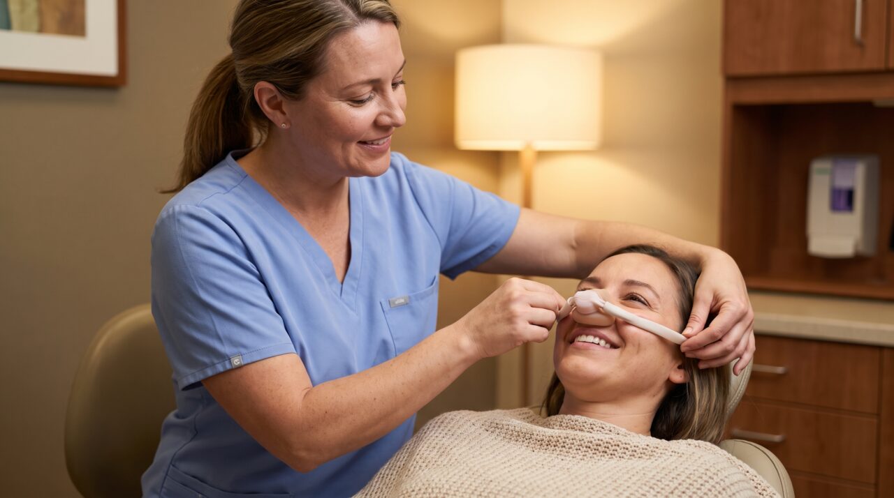 Dental professional gently placing a soft nitrous oxide nasal mask on a relaxed patient in Tamarac