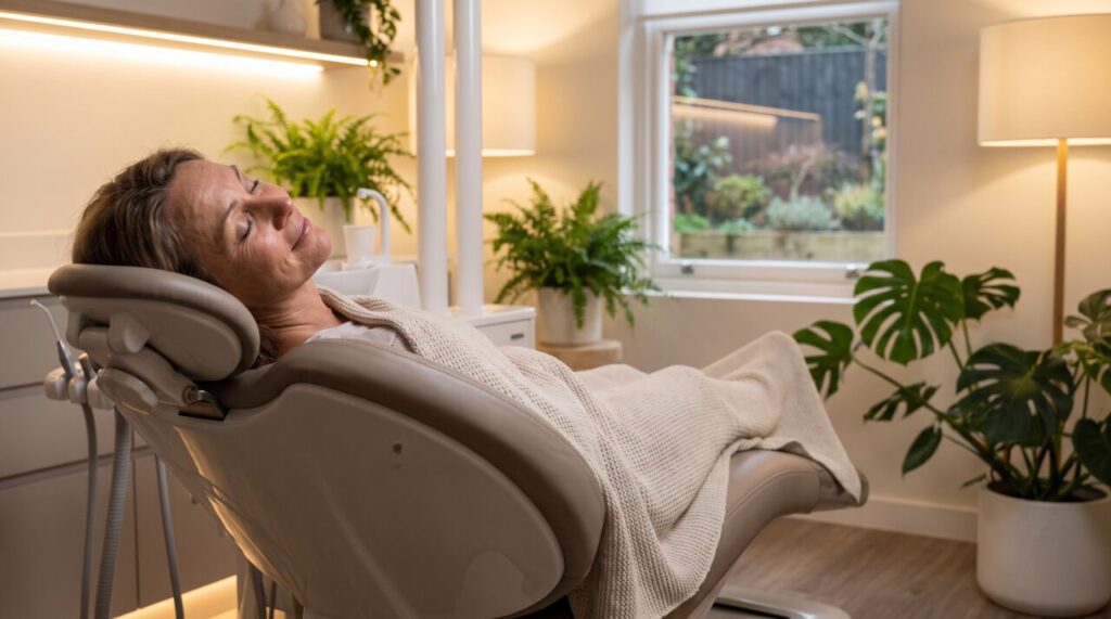 Relaxed patient resting comfortably in a calming dental spa chair during sedation dentistry in Tamarac
