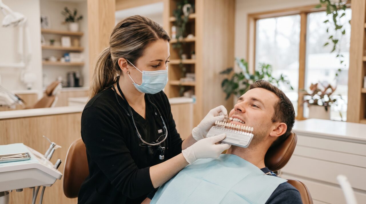 Dentist shade-matching porcelain veneers to a patient's natural teeth in a bright Tamarac treatment room