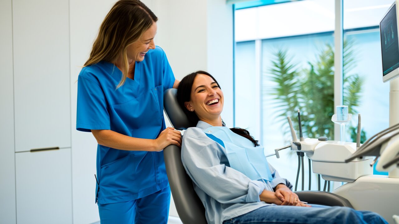 Happy patient smiling with her dentist after an affordable dental visit in Broward County