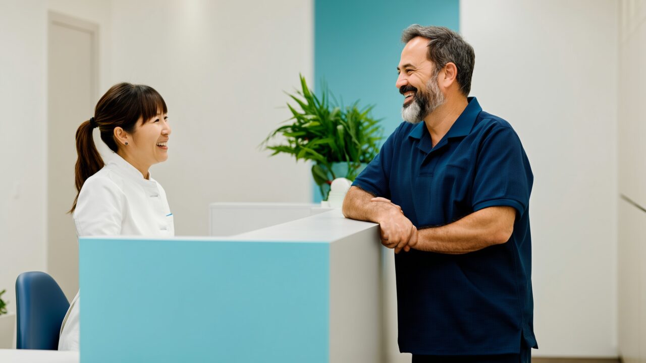 Friendly receptionist greeting a patient at the front desk of a dental office in Tamarac FL
