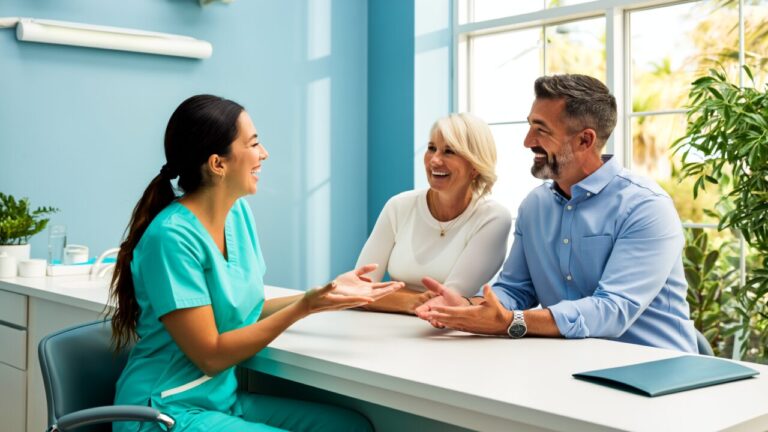 Dental treatment coordinator explaining affordable payment options to a couple without dental insurance in Broward County