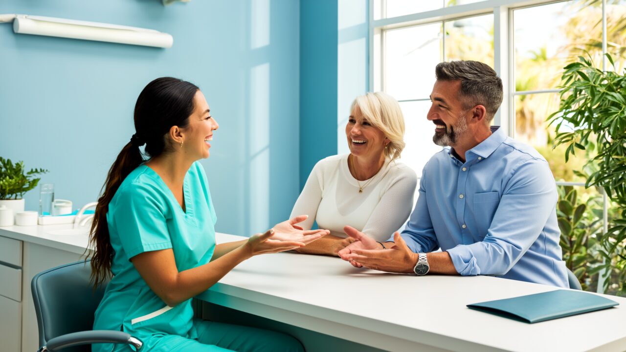 Dental treatment coordinator explaining affordable payment options to a couple without dental insurance in Broward County