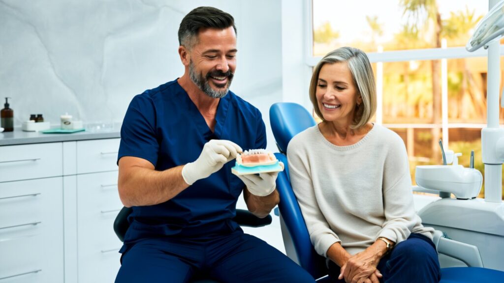 Dentist showing a patient a model of healthy teeth and gums during a gum disease consultation in Broward County