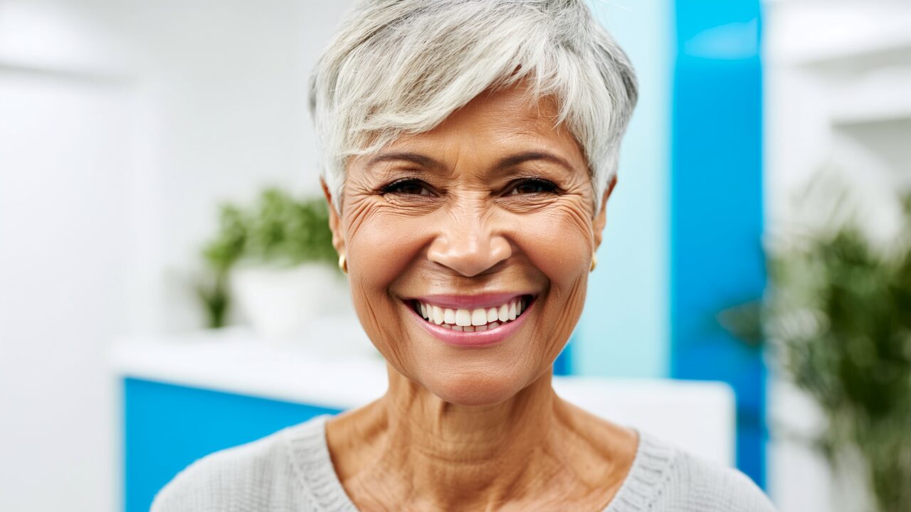 Confident older woman with healthy gums smiling in a modern dental office in Broward County