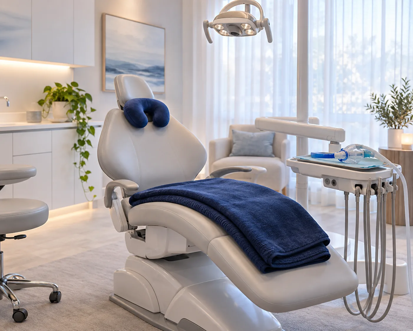 Calm dental treatment room with a blanket, neck pillow and nitrous oxide mask