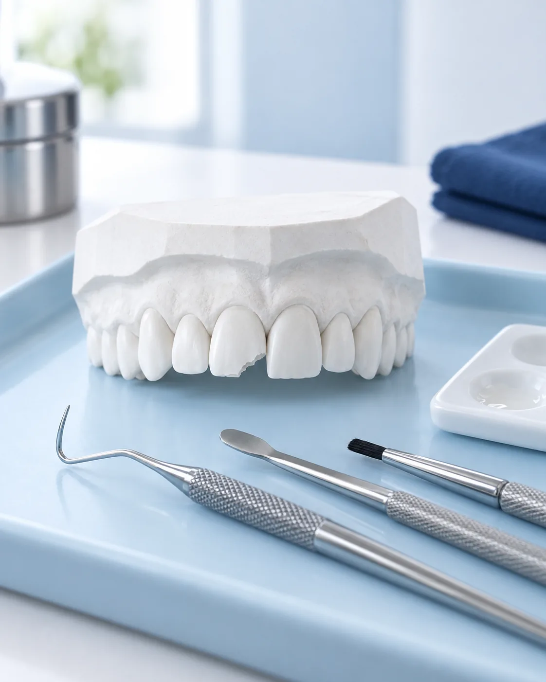 Dental model with a chipped front tooth beside bonding instruments