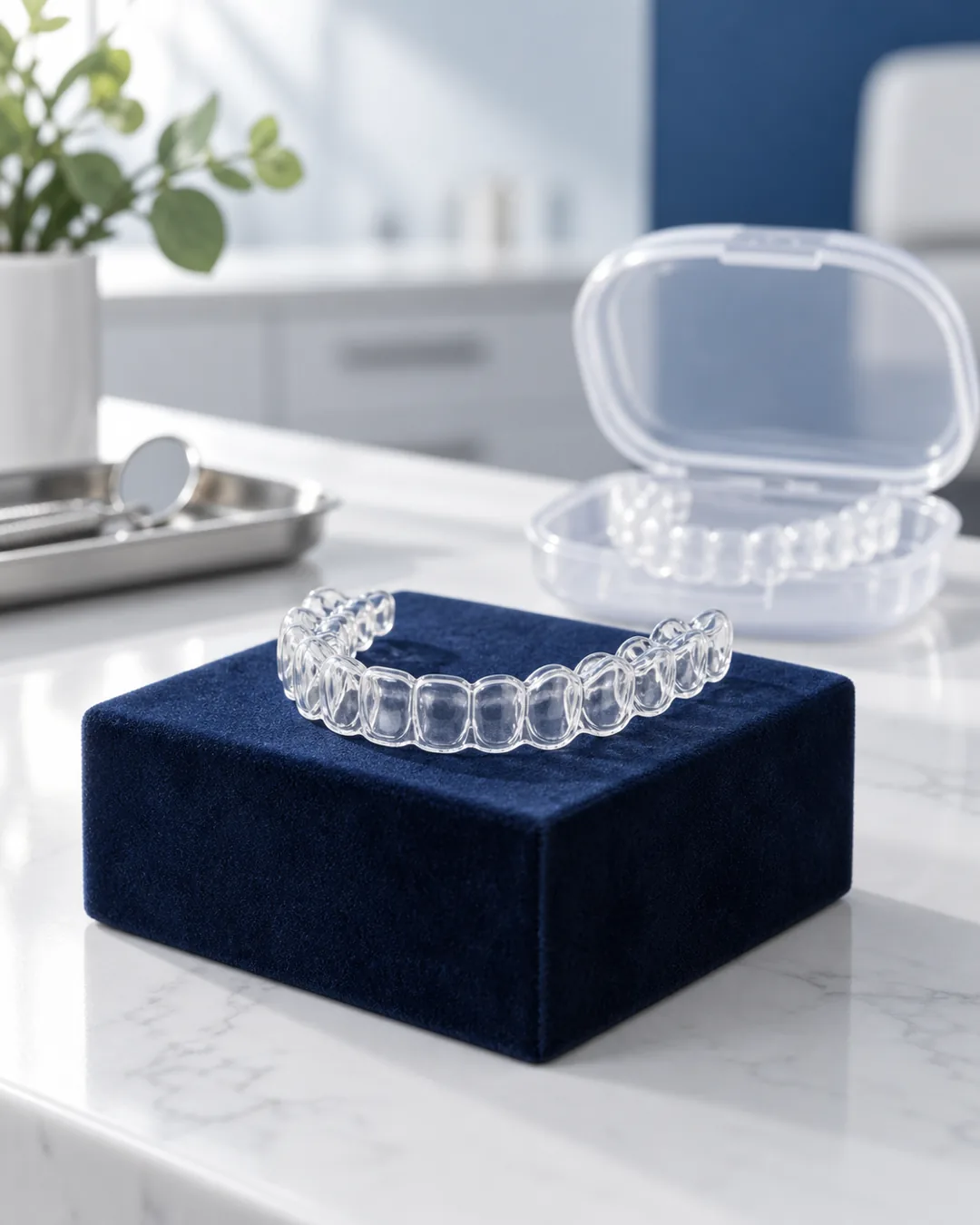 Services 4 Clear aligner on a navy stand beside its case