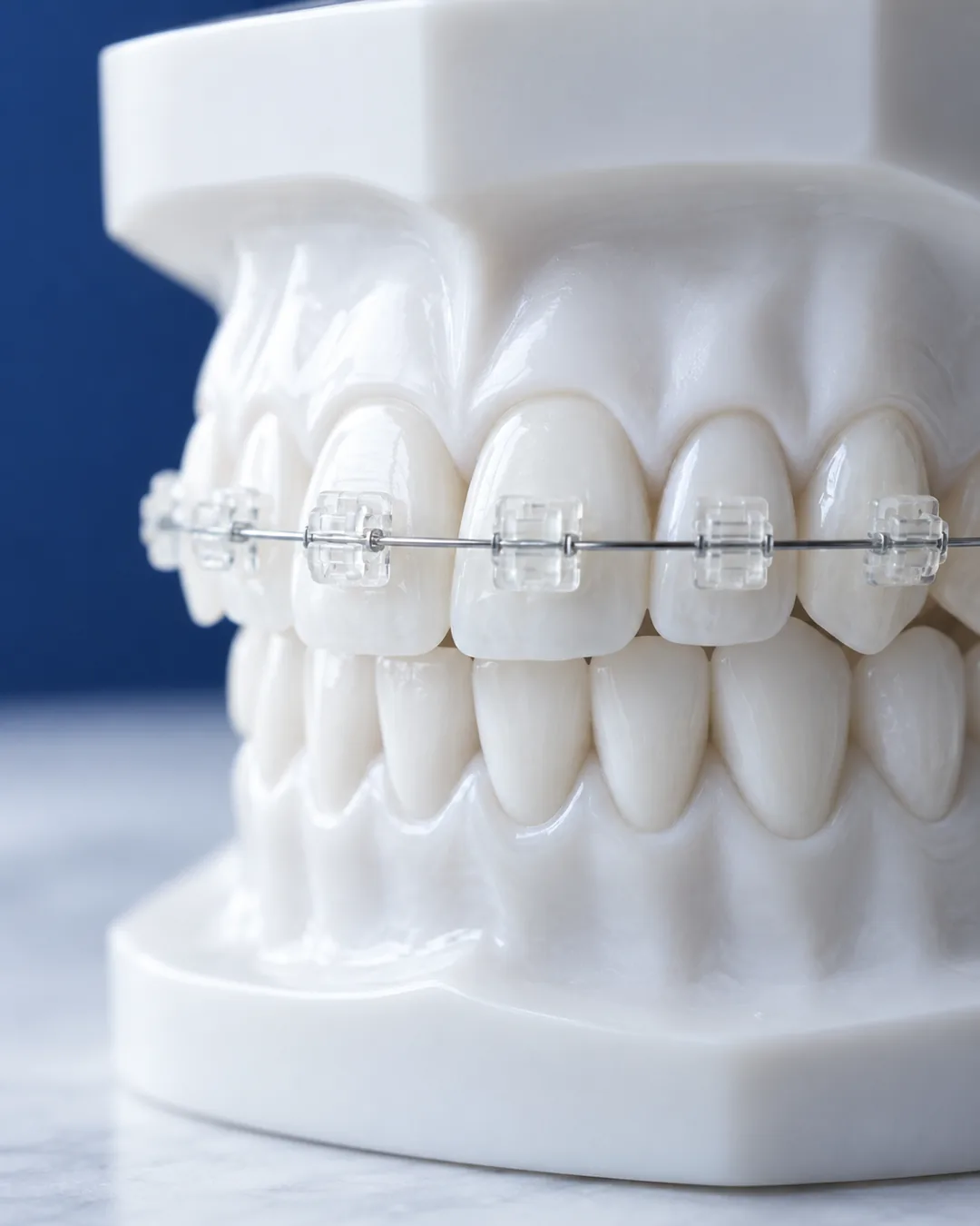 Services 8 Clear ceramic braces on a dental model
