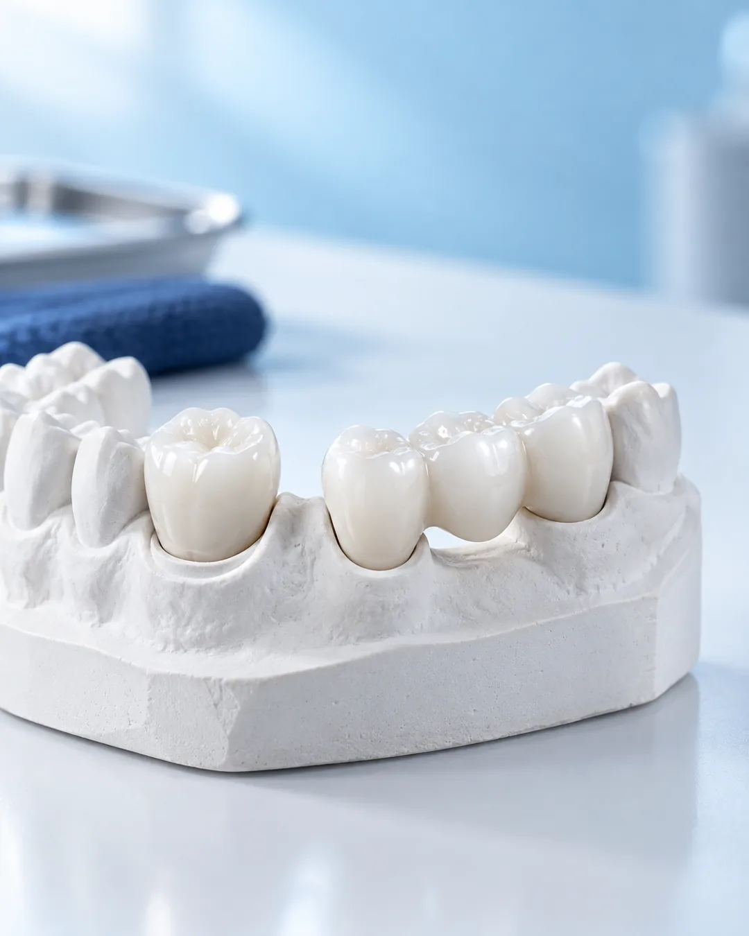 Services 7 Ceramic crown and dental bridge on a dental model