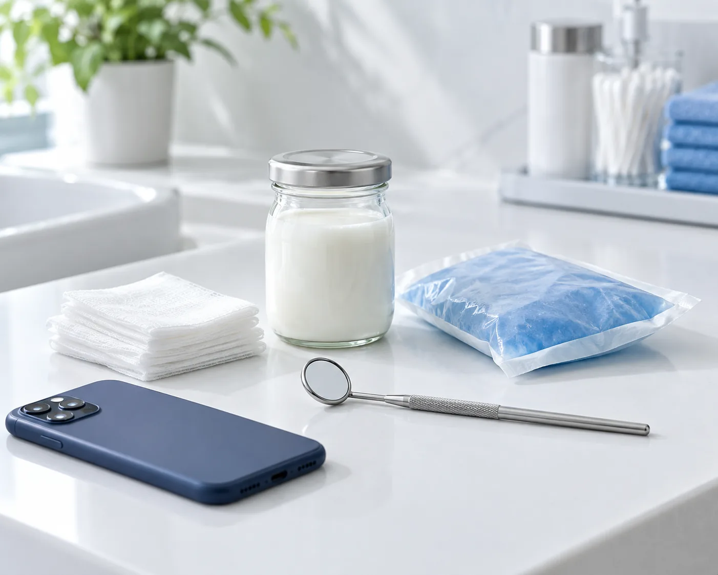Dental emergency supplies: milk for a knocked-out tooth, gauze, a cold pack and a dental mirror