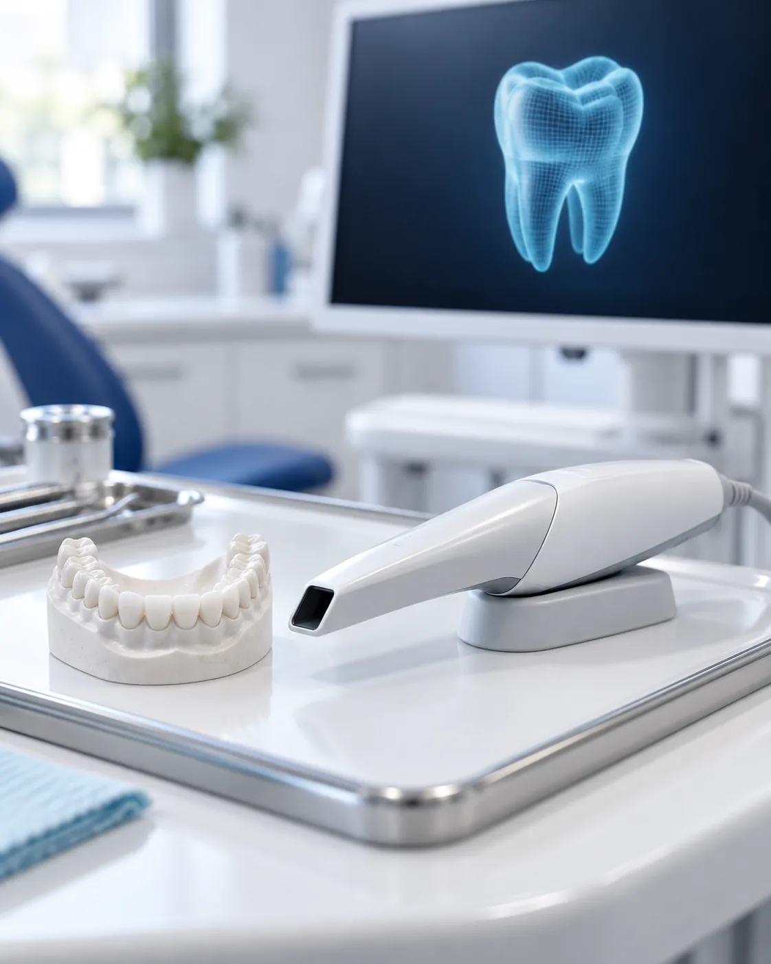 Dental Crowns and Bridges in Tamarac, FL 2 Intraoral scanner beside a dental model with a 3D tooth scan on the screen