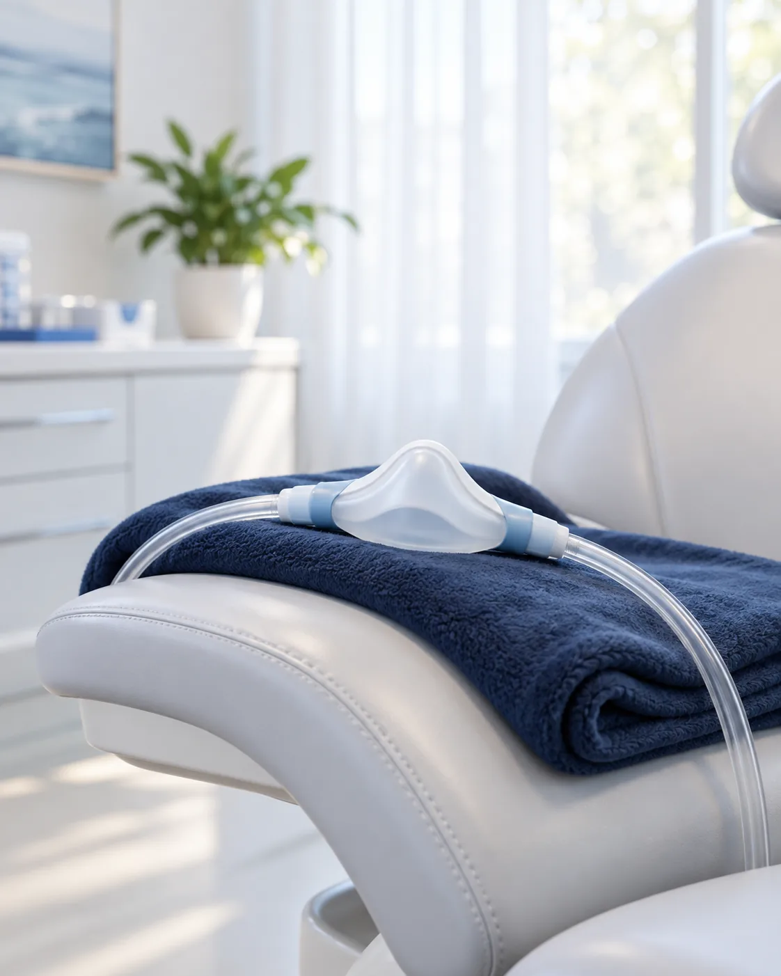 Nitrous oxide nasal hood resting on a folded blanket on a dental chair