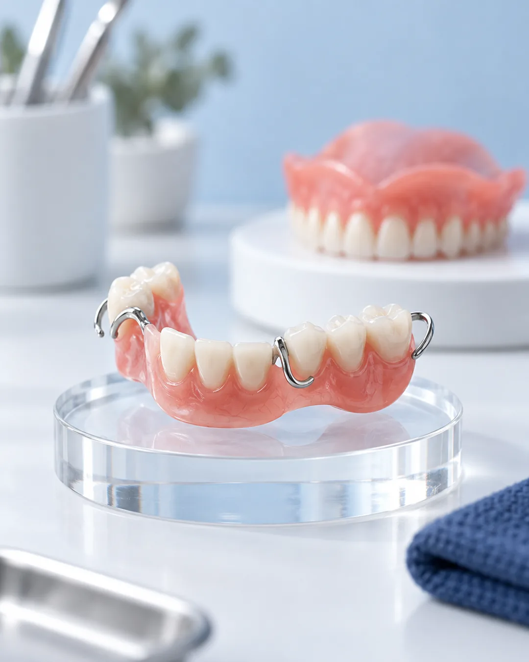 Partial denture and full denture on display stands