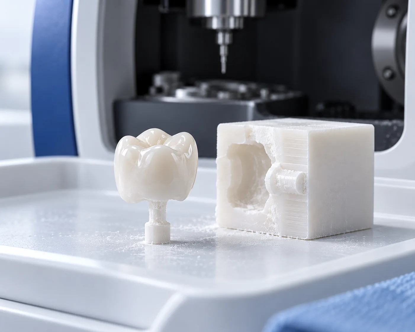 Coronas en un día en Tamarac, FL 1 Ceramic crown freshly milled beside its ceramic block in an in-office milling unit
