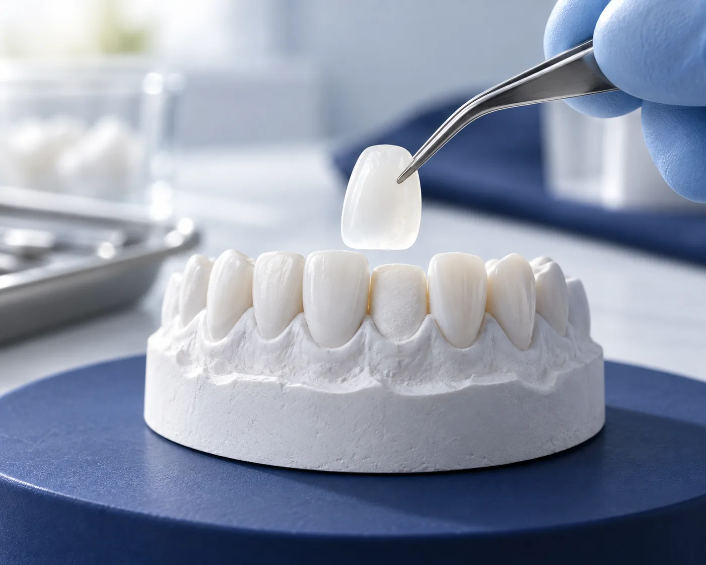 Dentista cosmético en Broward 2 Porcelain veneer held in tweezers above a model of the front teeth