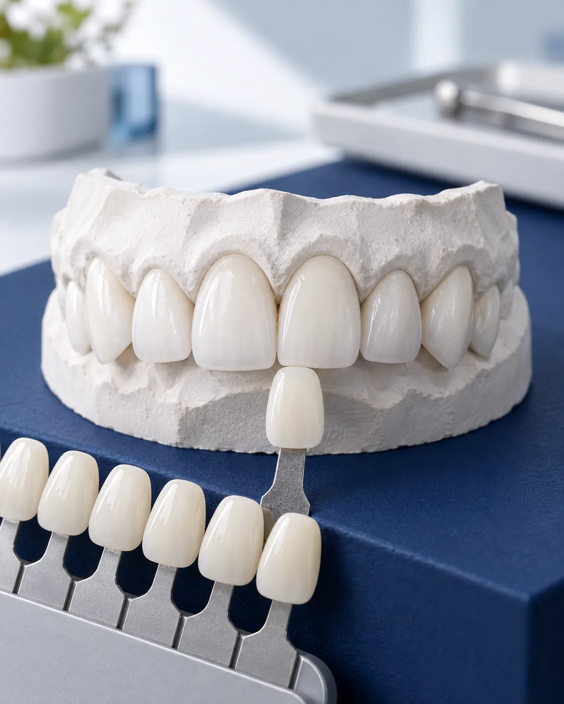 Shade guide matched against porcelain veneers on a model of the front teeth