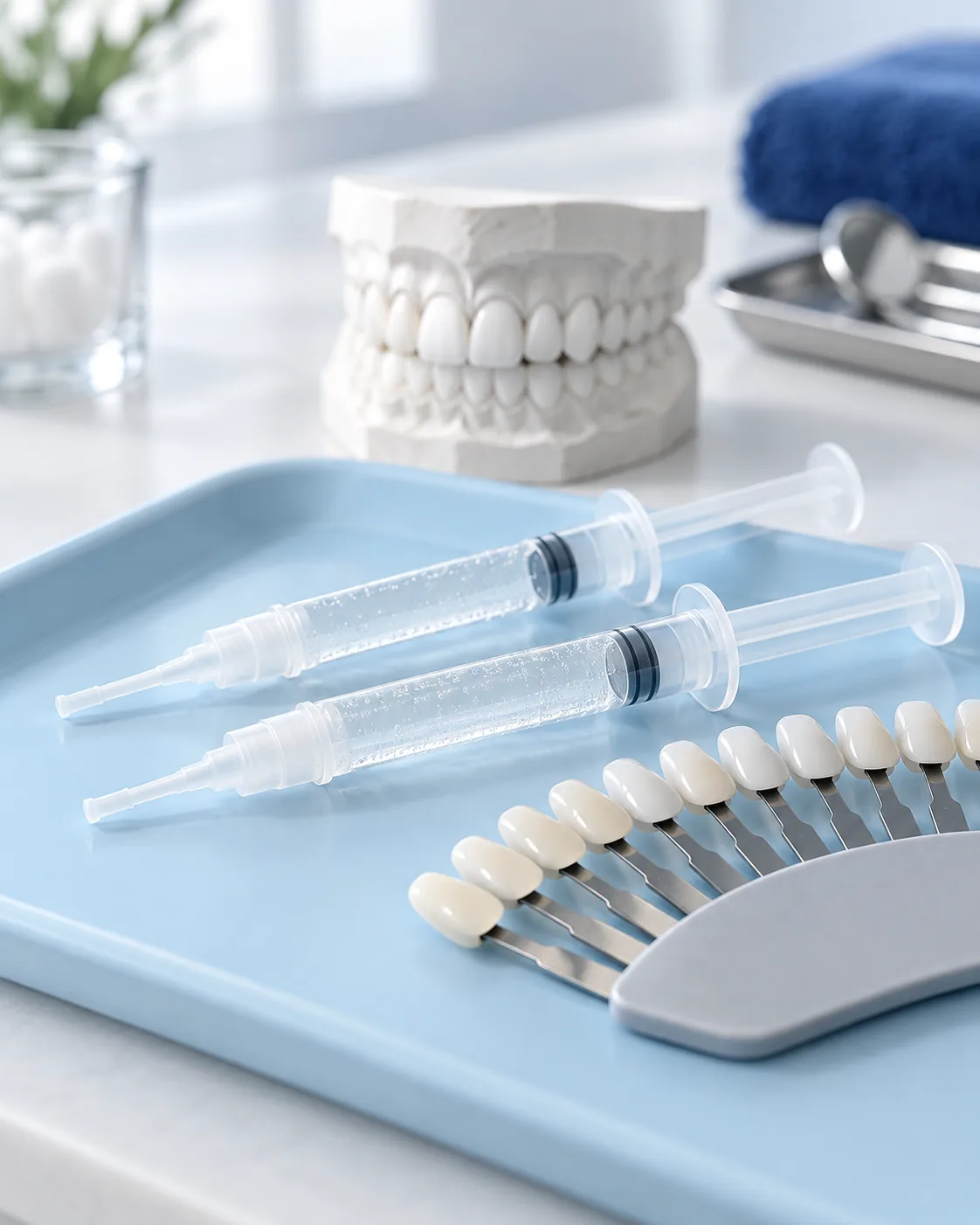 Teeth whitening gel syringes beside a tooth shade guide