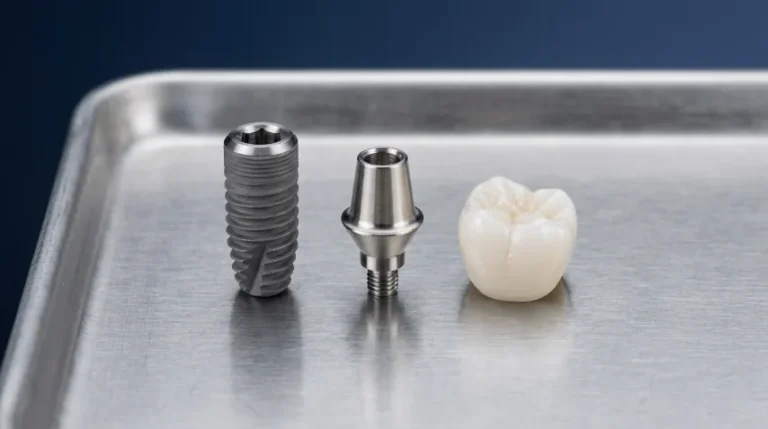 Dental implant model showing the titanium post, abutment and crown