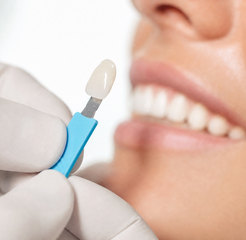 Cosmetic dentist Tamarac using porcelain veneer shade guide for color matching