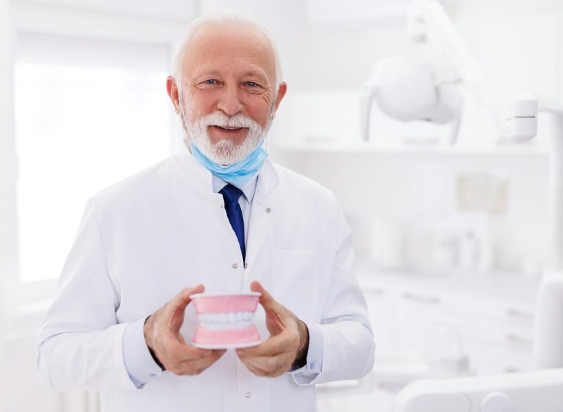 Senior dentist holding plastic jaw model