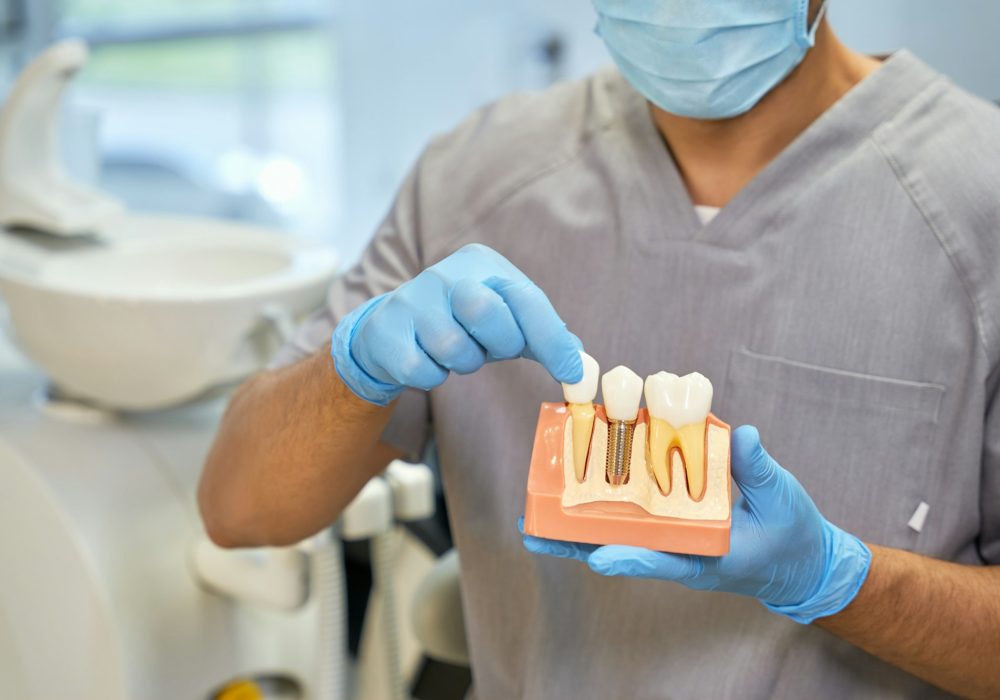 Skillful dental technician showing anatomy of dental implant